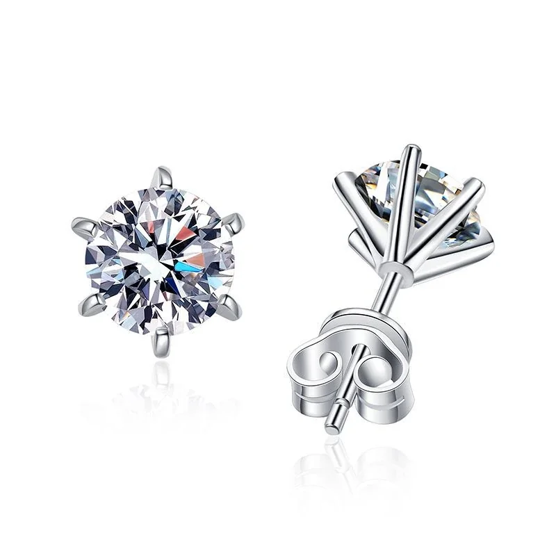 Bright 925 Sterling Silver Six-Prong Round Stud Earrings