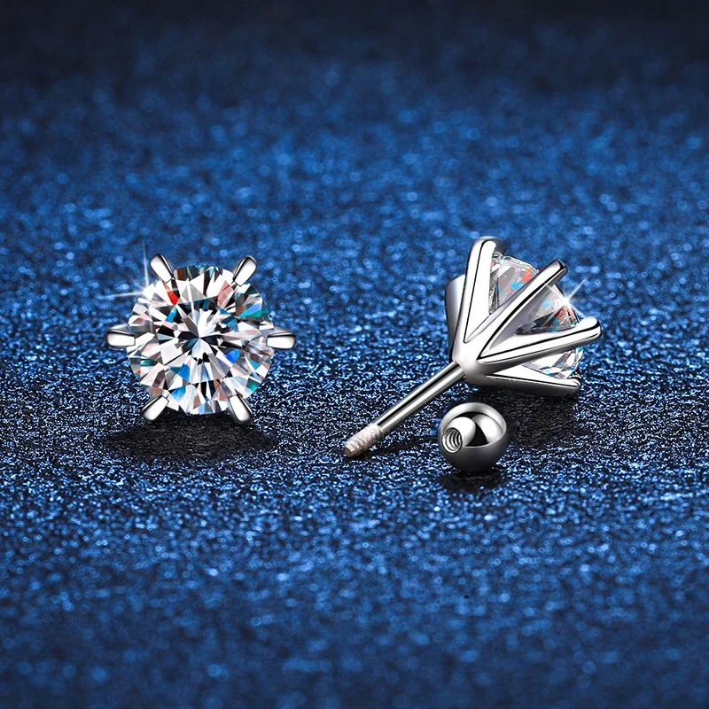 Bright 925 Sterling Silver Six-Prong Round Stud Earrings