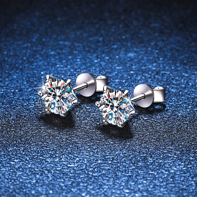 Bright 925 Sterling Silver Six-Prong Round Stud Earrings