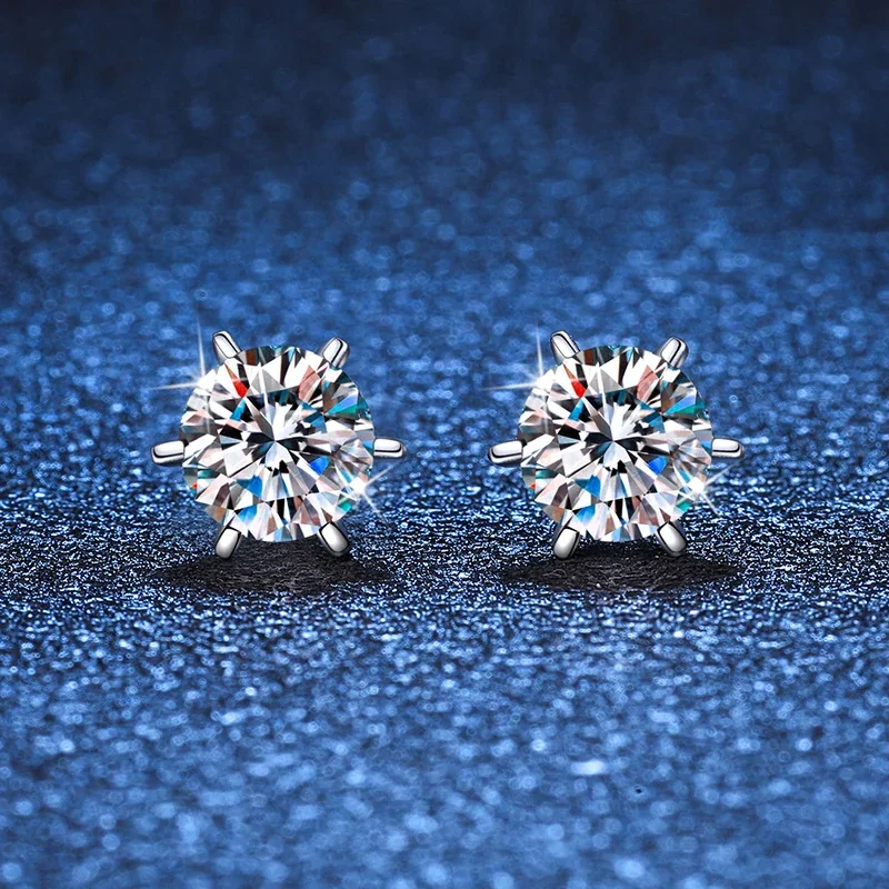 Bright 925 Sterling Silver Six-Prong Round Stud Earrings