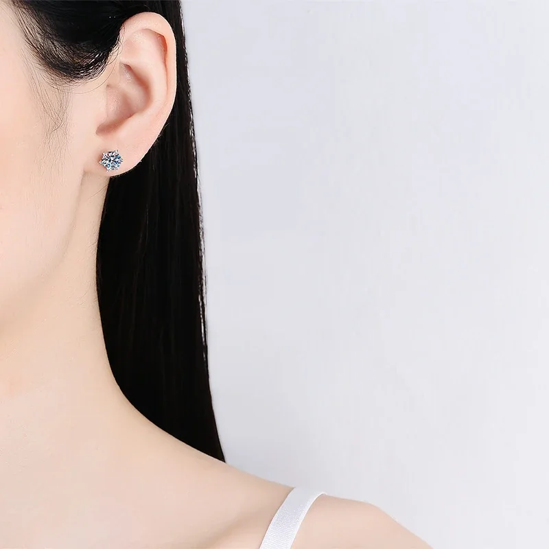 Bright 925 Sterling Silver Six-Prong Round Stud Earrings
