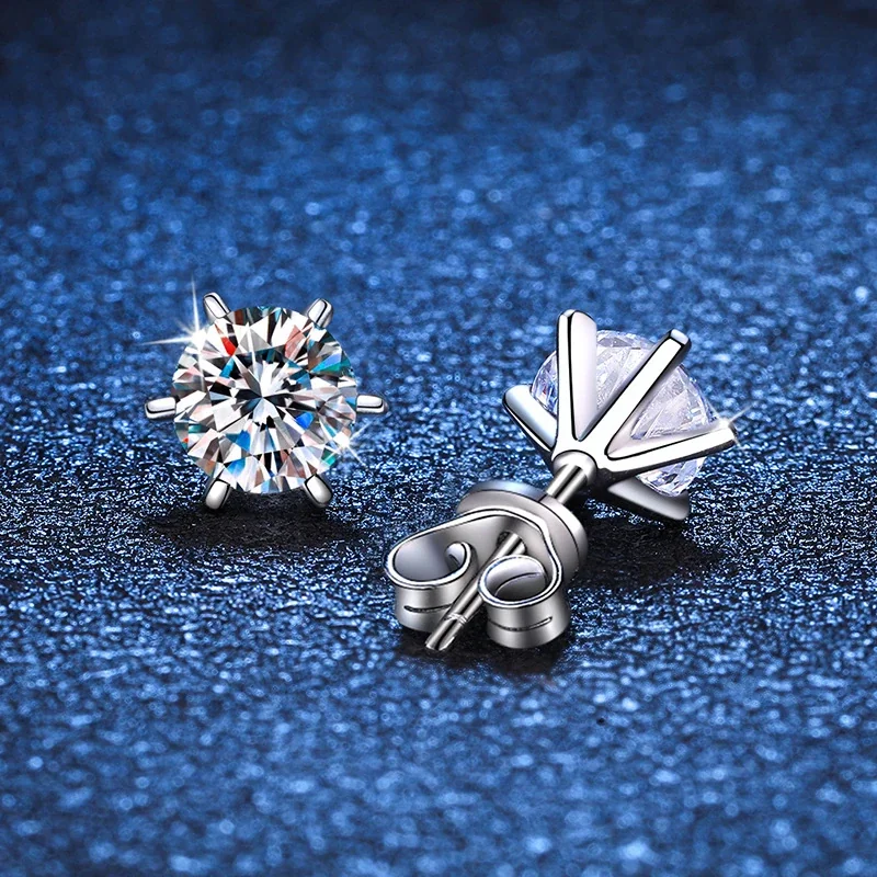 Bright 925 Sterling Silver Six-Prong Round Stud Earrings - Push-Back 5A CZ