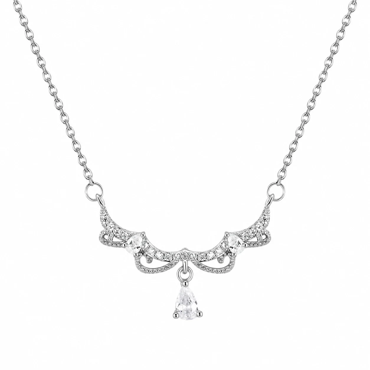 Ornate 925 Sterling Silver Bow Teardrop Necklace