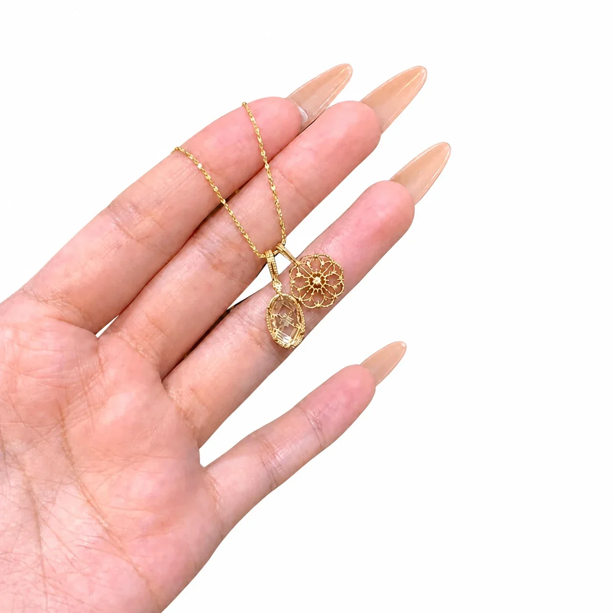 Ornate Gold-Plated Copper Filigree Flower Double Pendant Necklace