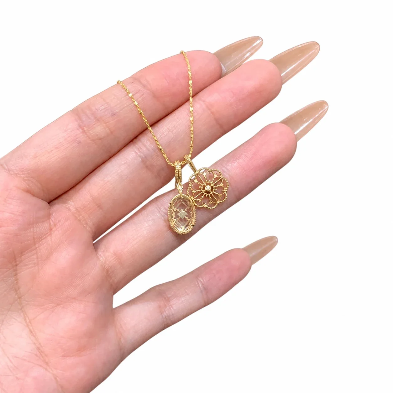 Ornate Gold-Plated Copper Filigree Flower Double Pendant Necklace