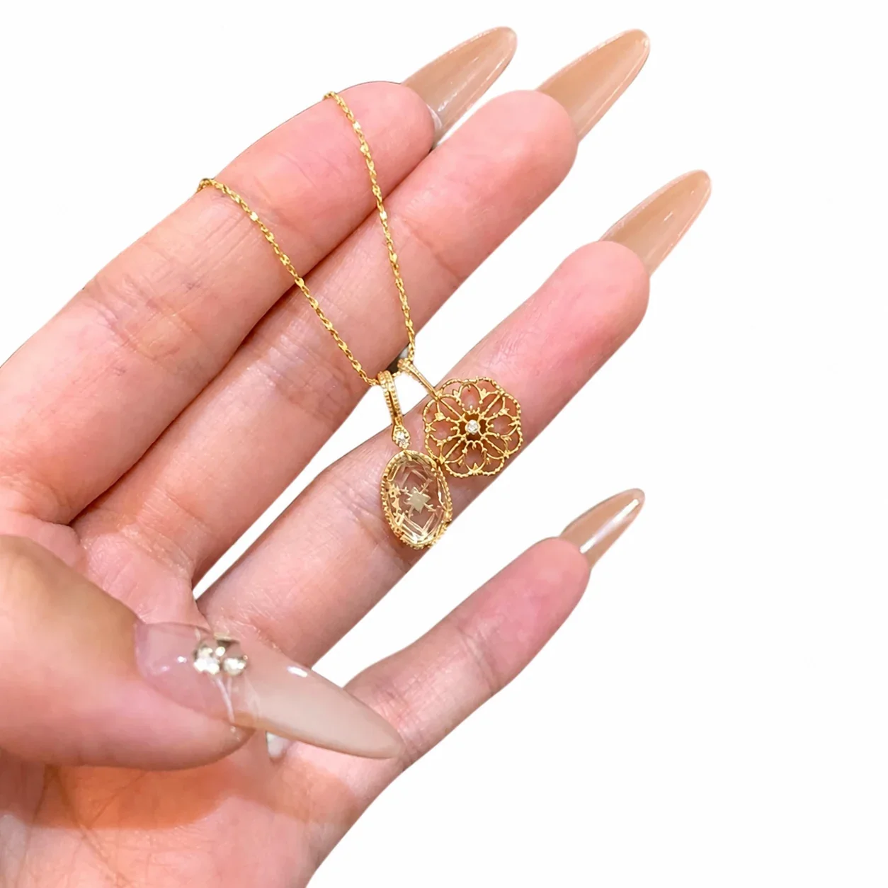 Ornate Gold-Plated Copper Filigree Flower Double Pendant Necklace
