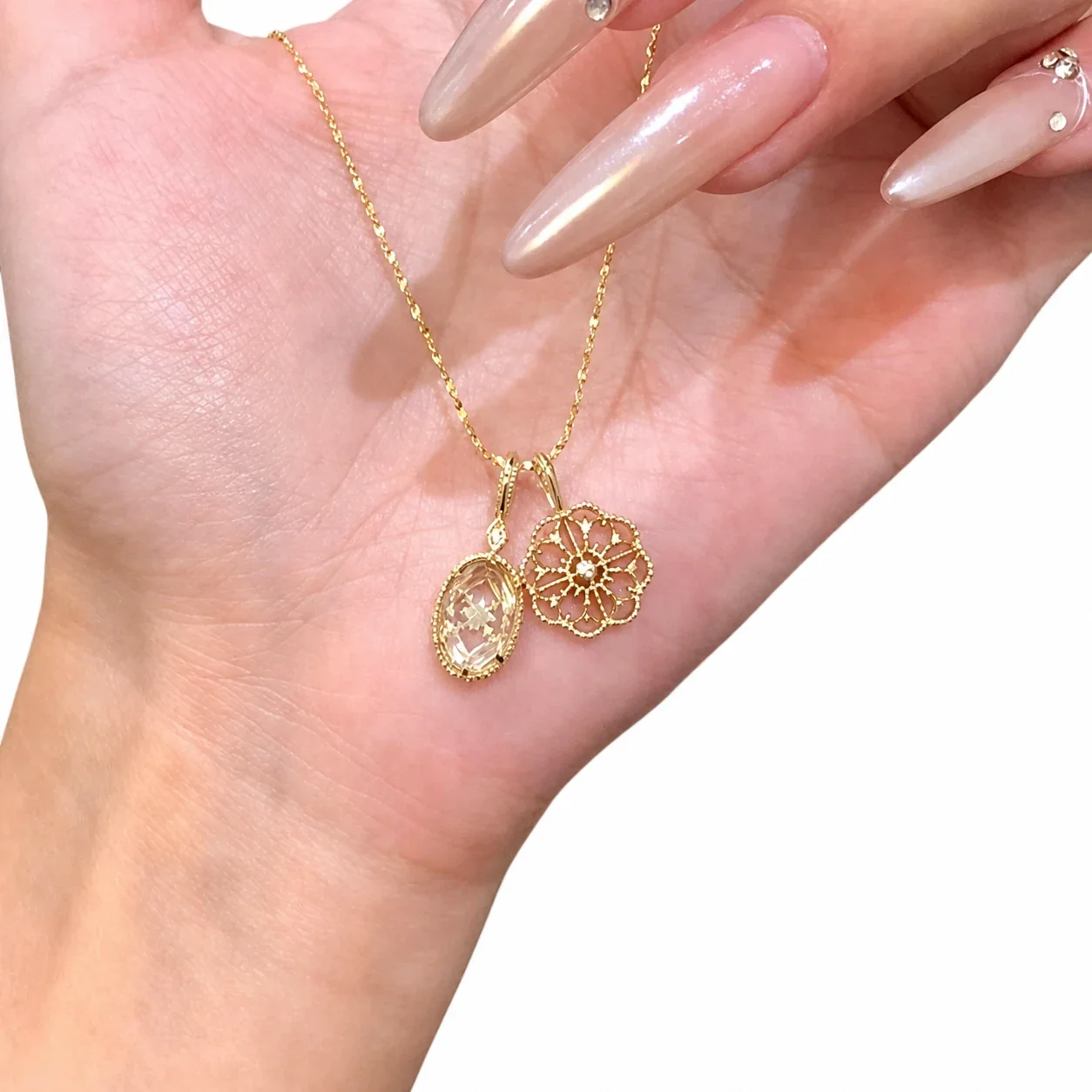 Ornate Gold-Plated Copper Filigree Flower Double Pendant Necklace