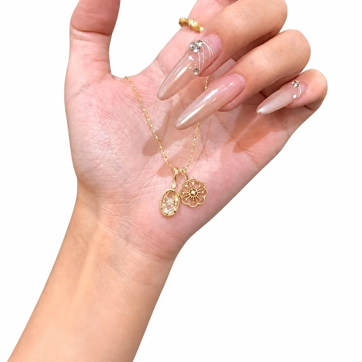 Ornate Gold-Plated Copper Filigree Flower Double Pendant Necklace