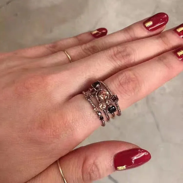 Ornate Gold-Plated Copper Multi-Band Crystal Open Ring