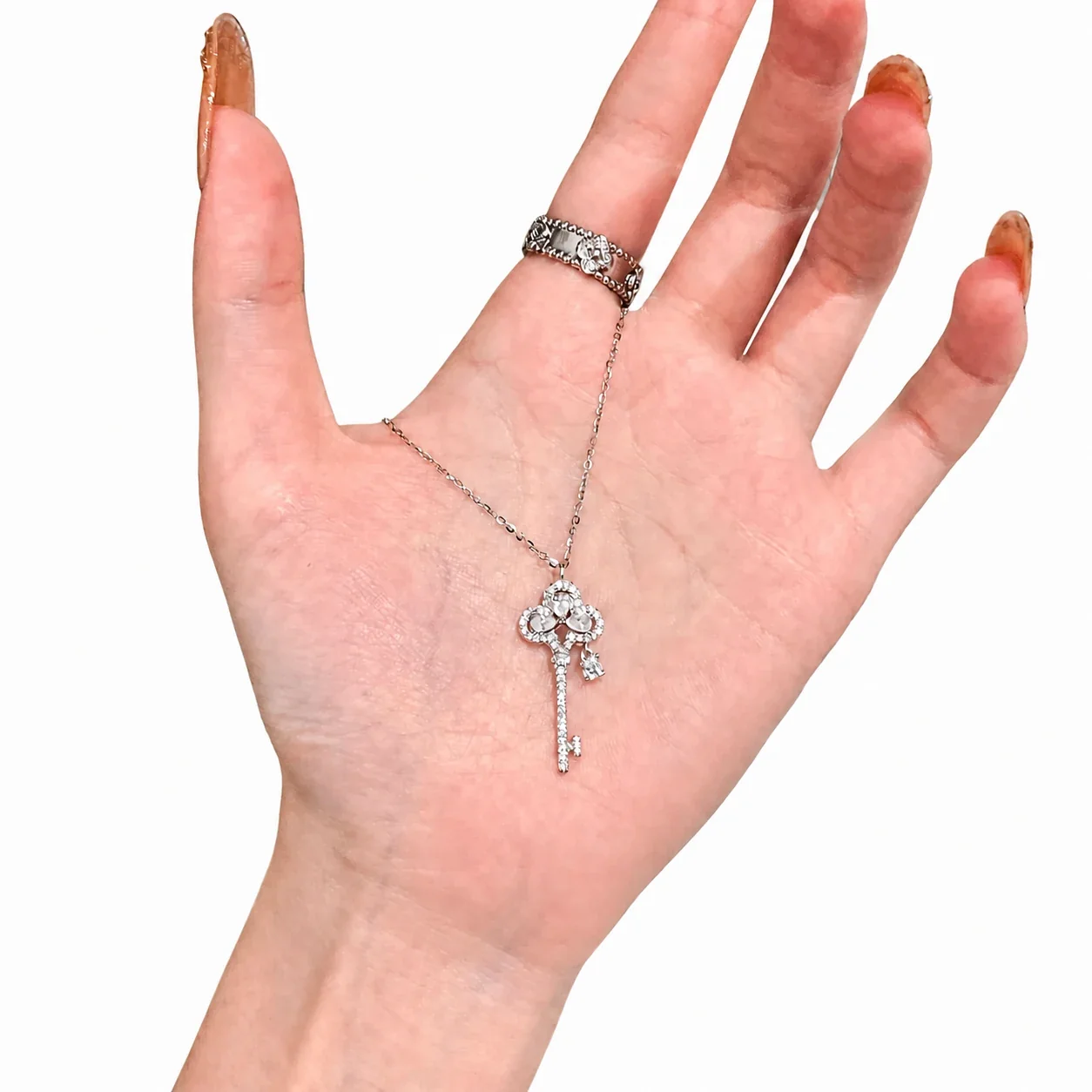 Ornate Silver-Plated Crown Key Crystal Copper Necklace