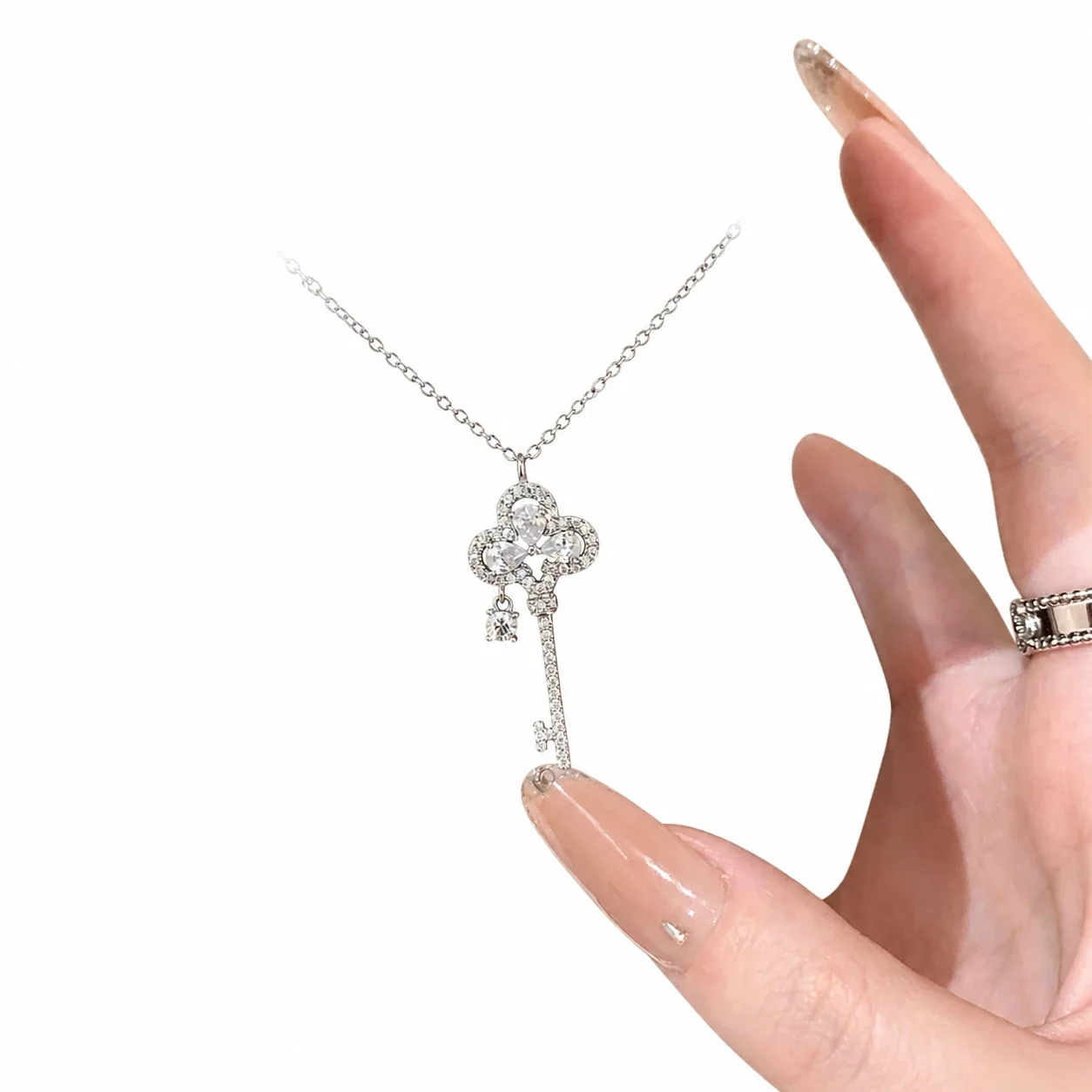 Ornate Silver-Plated Crown Key Crystal Copper Necklace