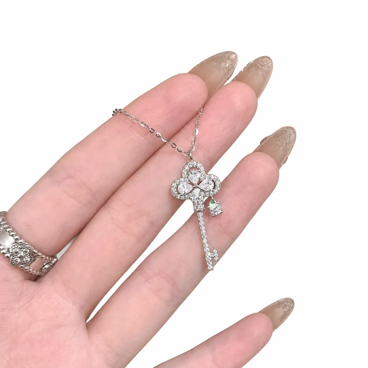 Ornate Silver-Plated Crown Key Crystal Copper Necklace