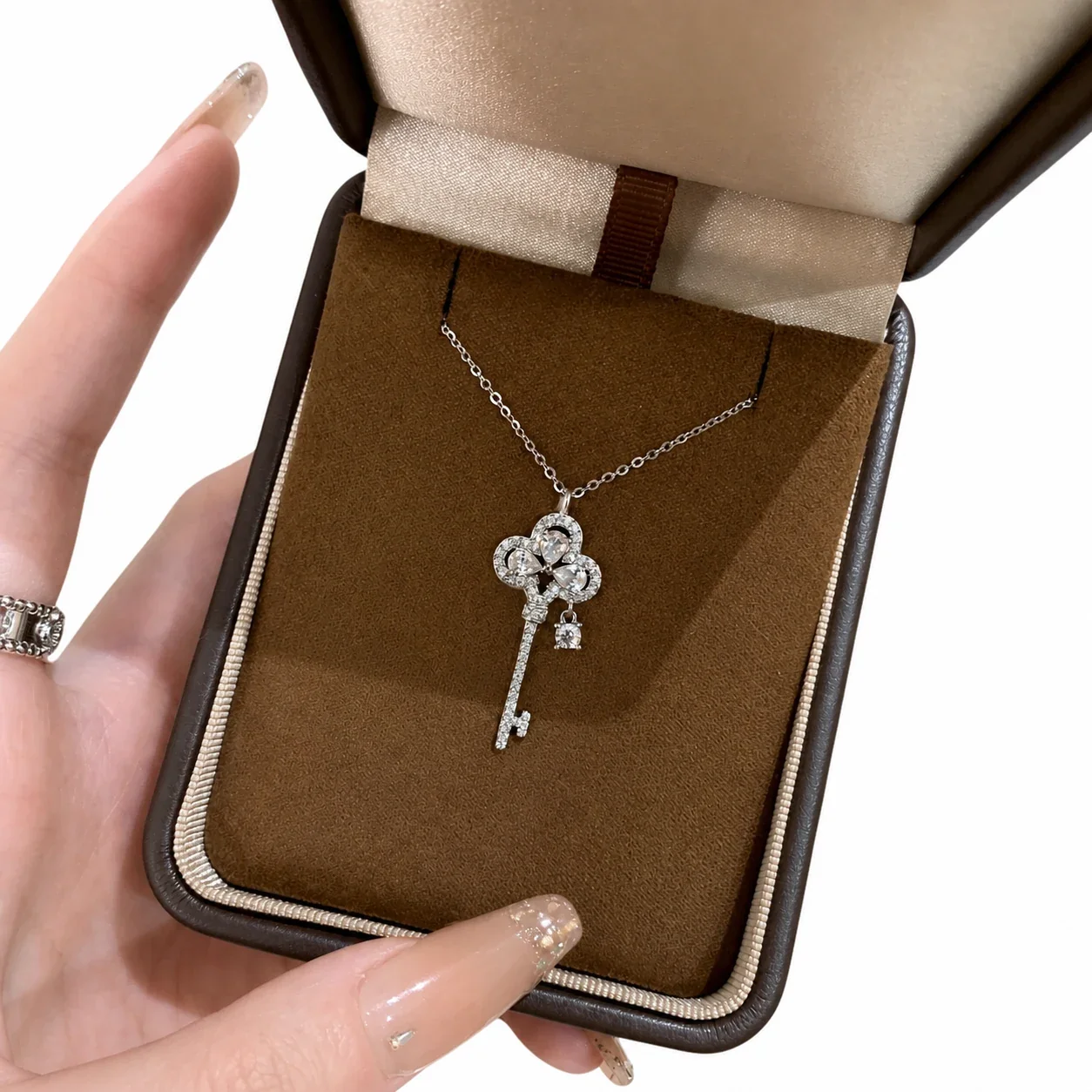 Ornate Silver-Plated Crown Key Crystal Copper Necklace