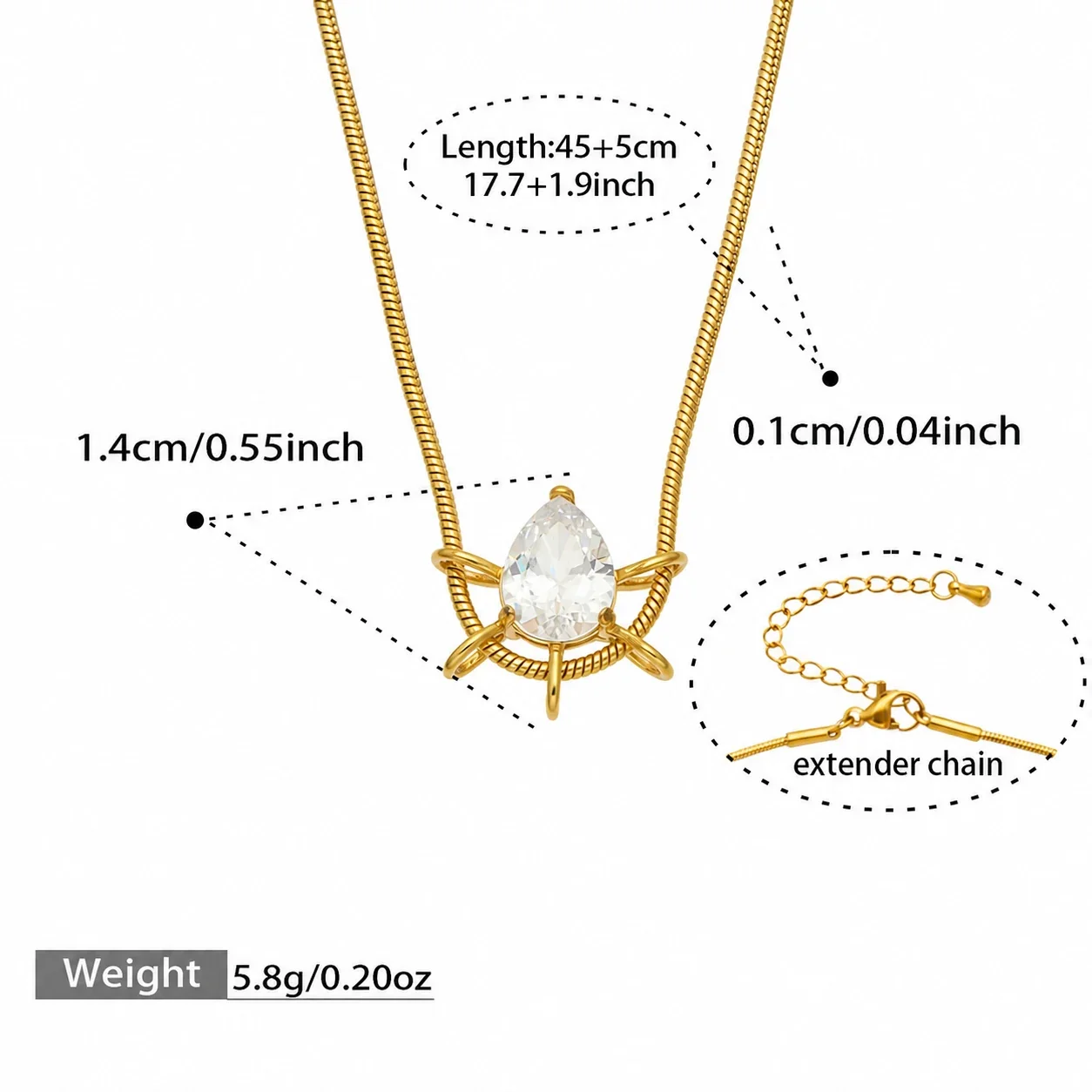 Radiant Loop CZ Gold-Plated Stainless Steel Necklace - Gold Pear CZ 45+5 cm