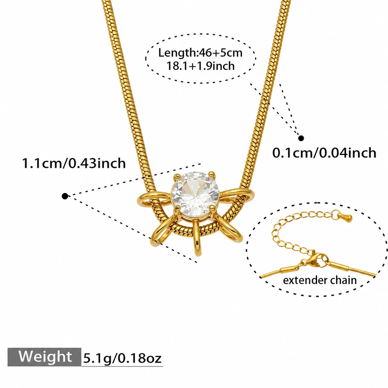 Radiant Loop CZ Gold-Plated Stainless Steel Necklace - Gold Round CZ 46+5 cm