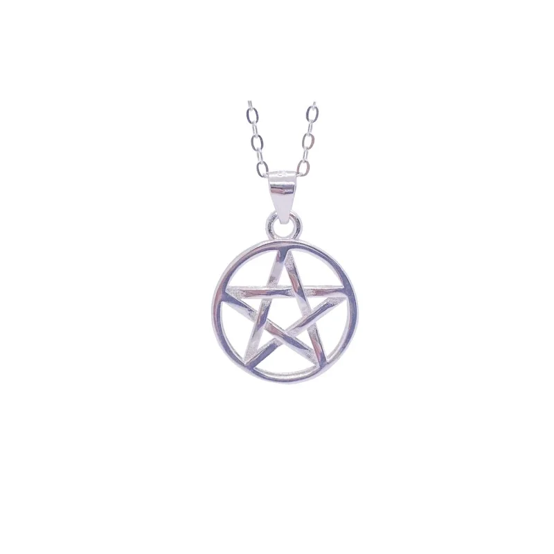 Openwork 925 Sterling Silver Circle Five-Point Star Pendant - Platinum-Tone