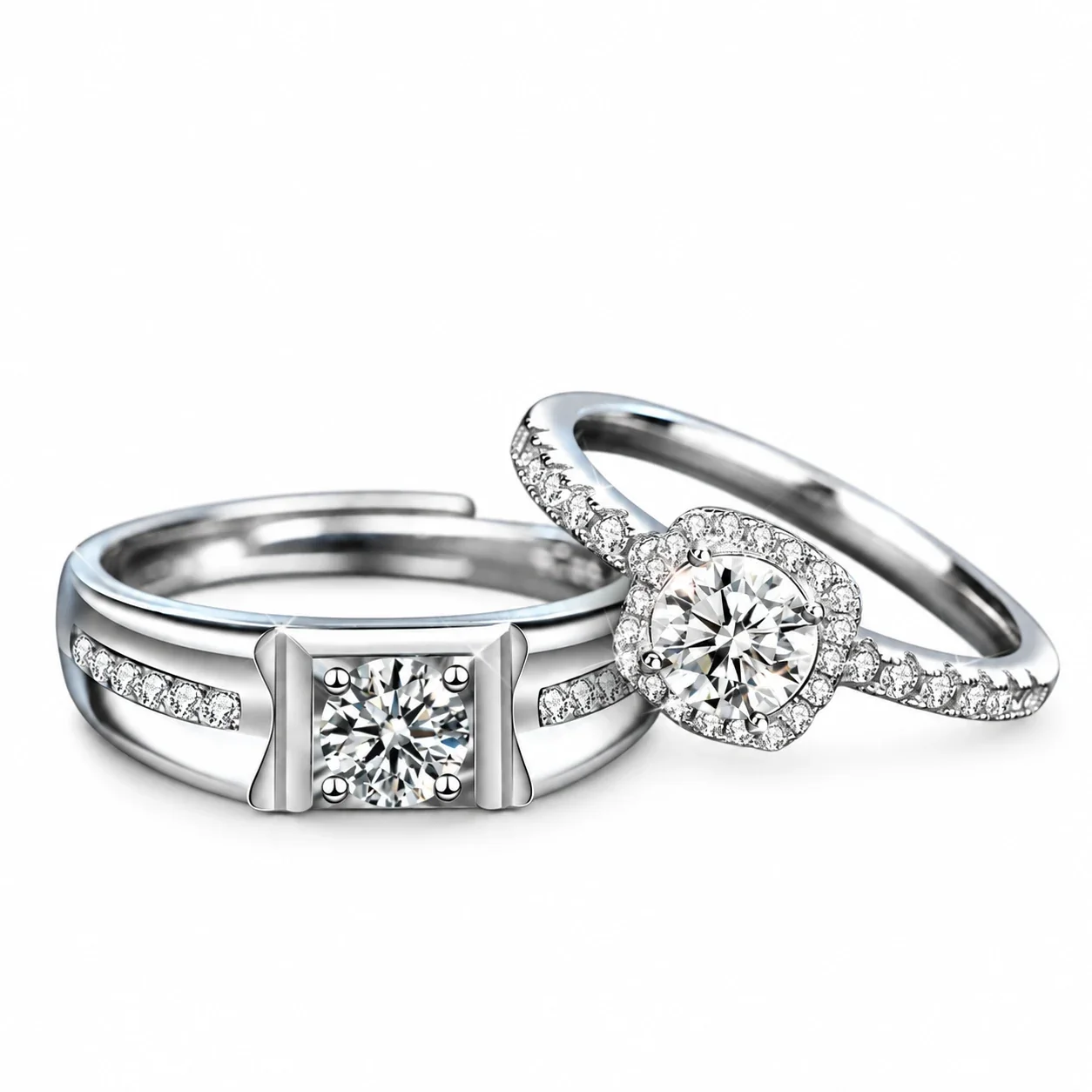 Polished 925 Sterling Silver Halo and Square Moissanite Rings