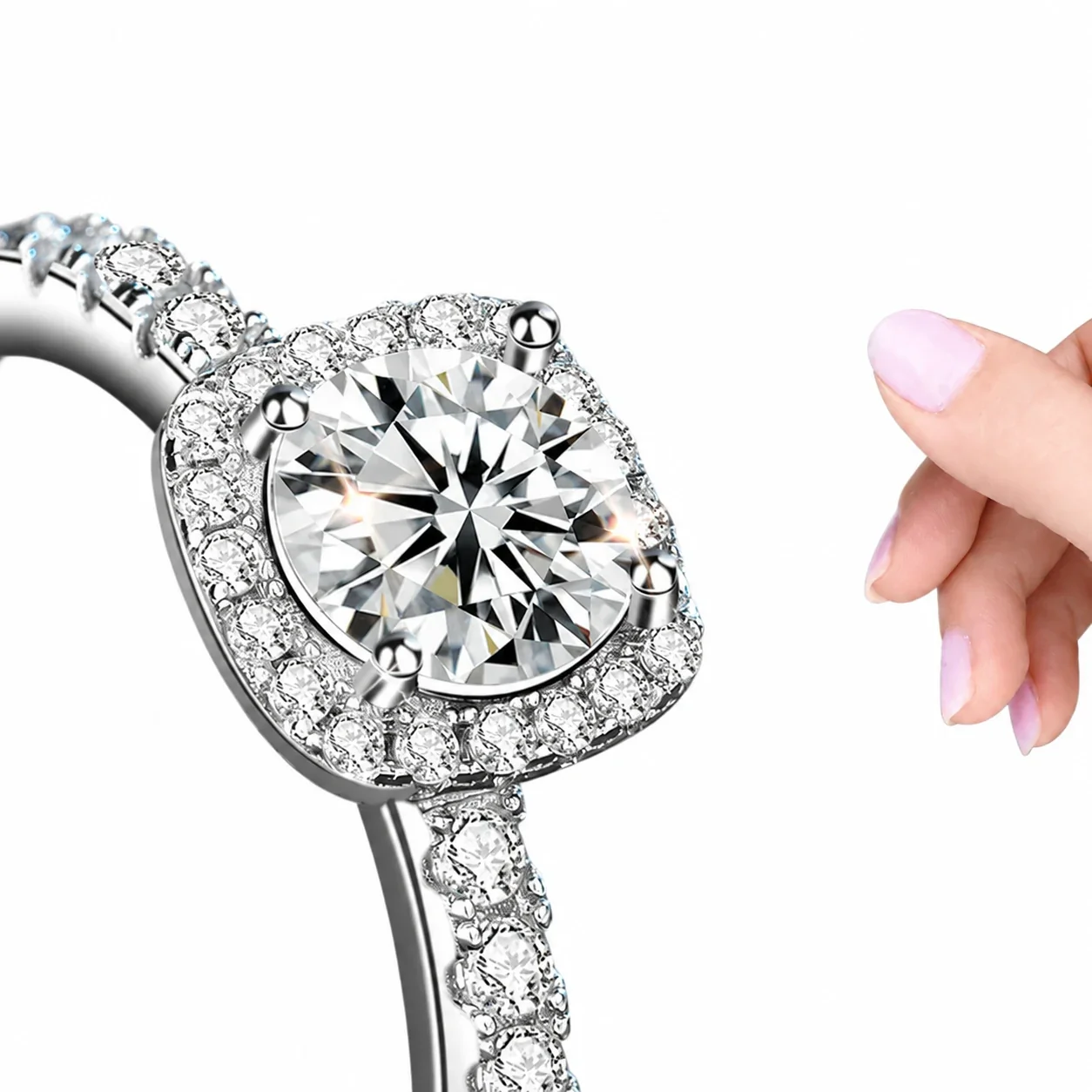 Polished 925 Sterling Silver Halo and Square Moissanite Rings