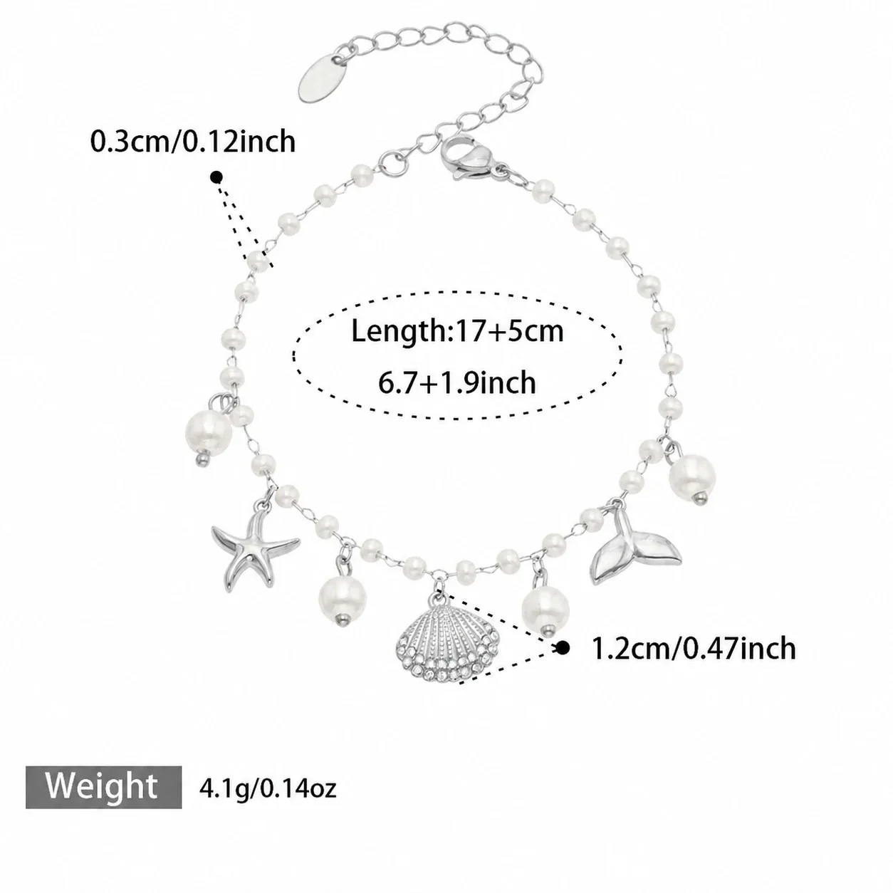 Oceanic Stainless Steel Bead Chain Charm Bracelet - Silver Scallop Multi-Charm