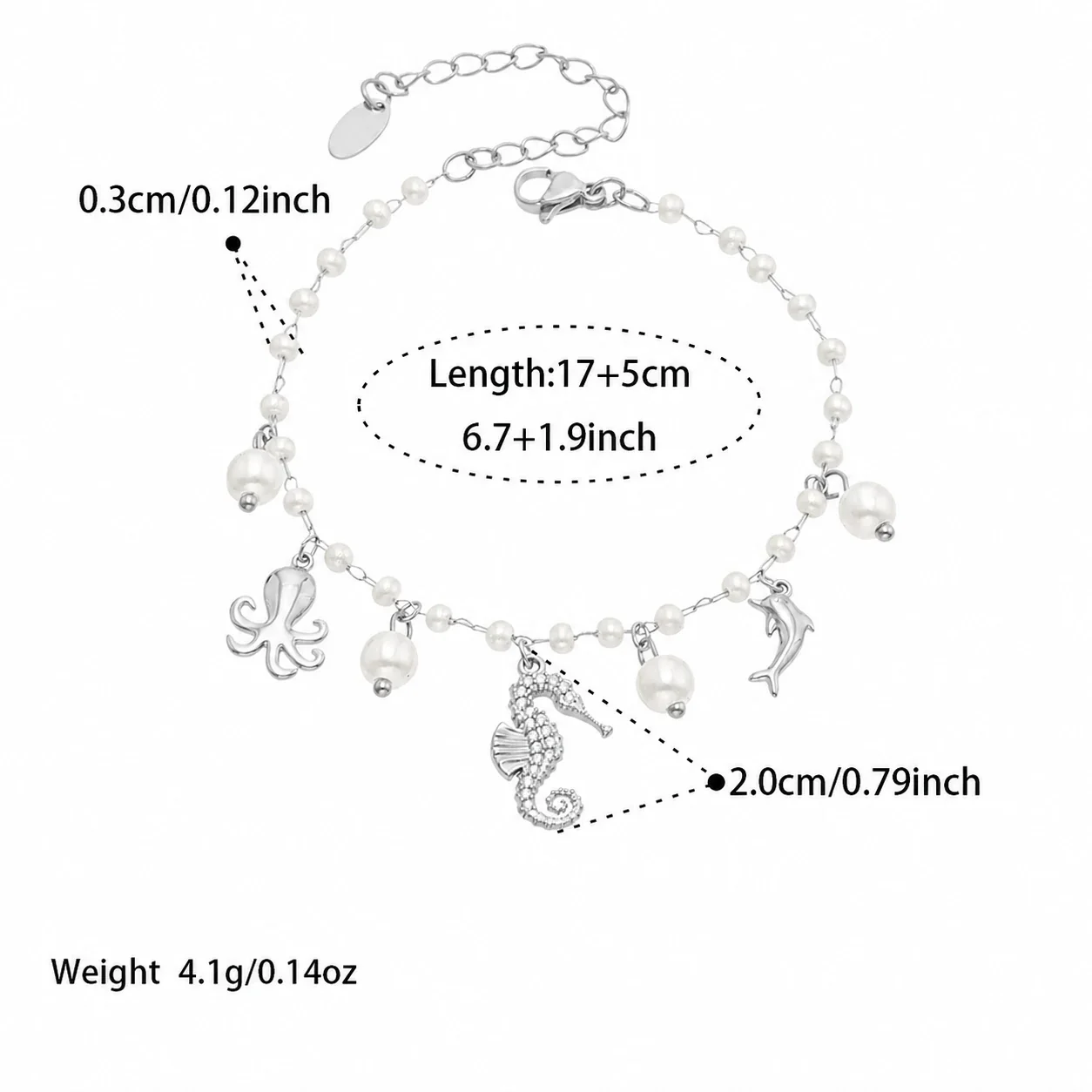 Oceanic Stainless Steel Bead Chain Charm Bracelet - Silver Seahorse Multi-Charm