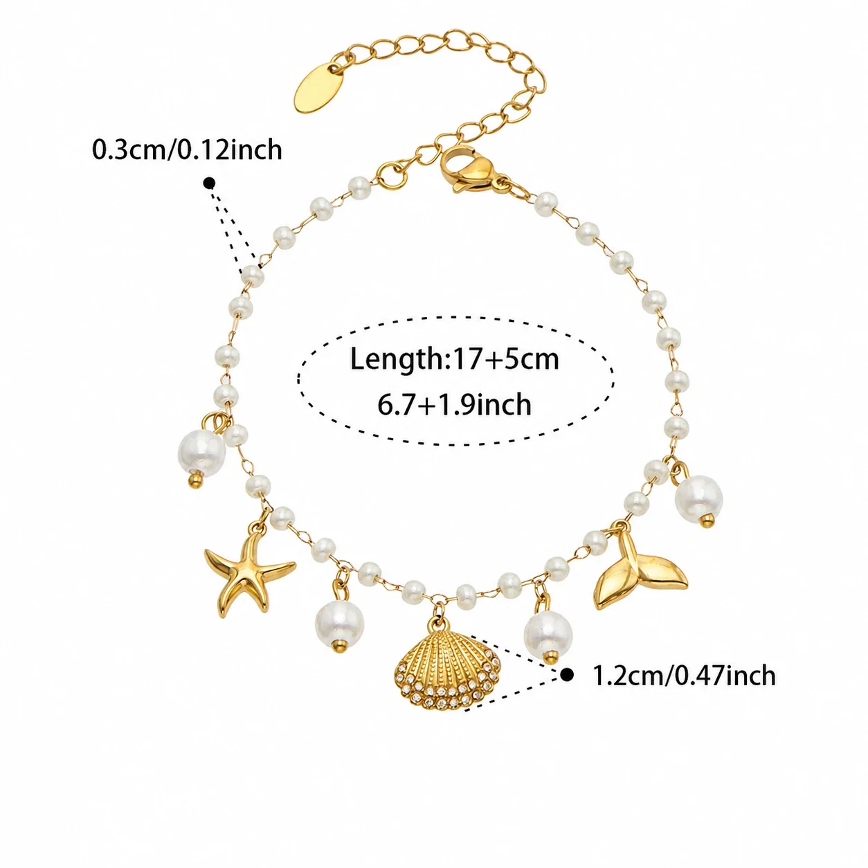 Oceanic Stainless Steel Bead Chain Charm Bracelet - Gold Scallop Multi-Charm