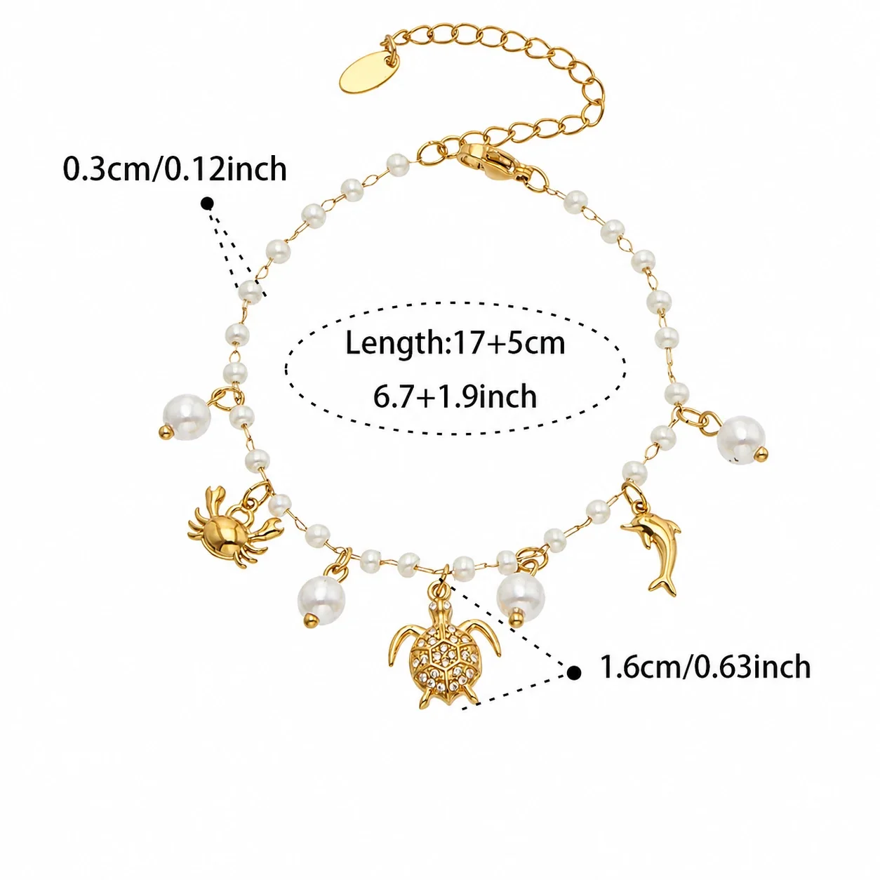 Oceanic Stainless Steel Bead Chain Charm Bracelet - Gold Sea Turtle Multi-Charm