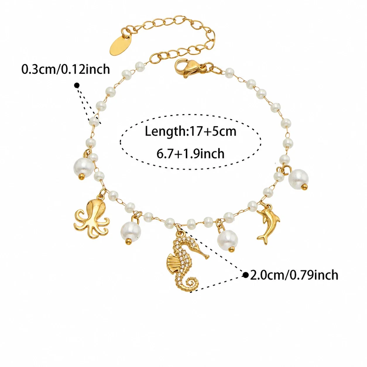 Oceanic Stainless Steel Bead Chain Charm Bracelet - Gold Seahorse Multi-Charm