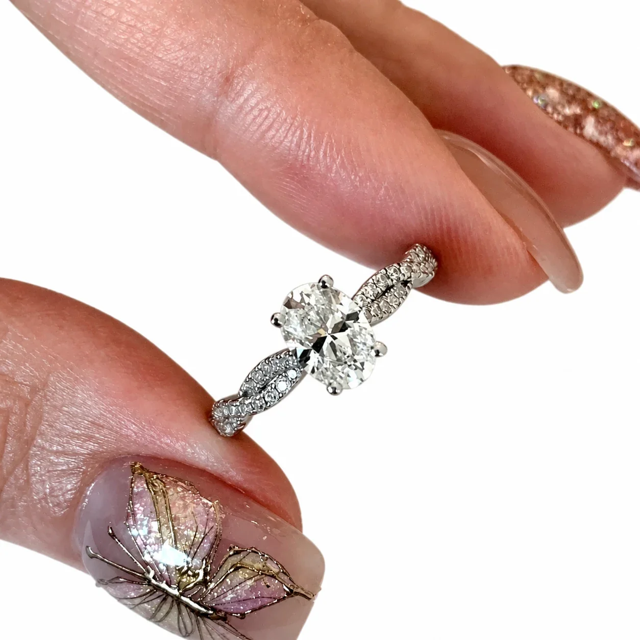 Ballet Spiral Silver-Plated Oval CZ Pavé Copper Ring