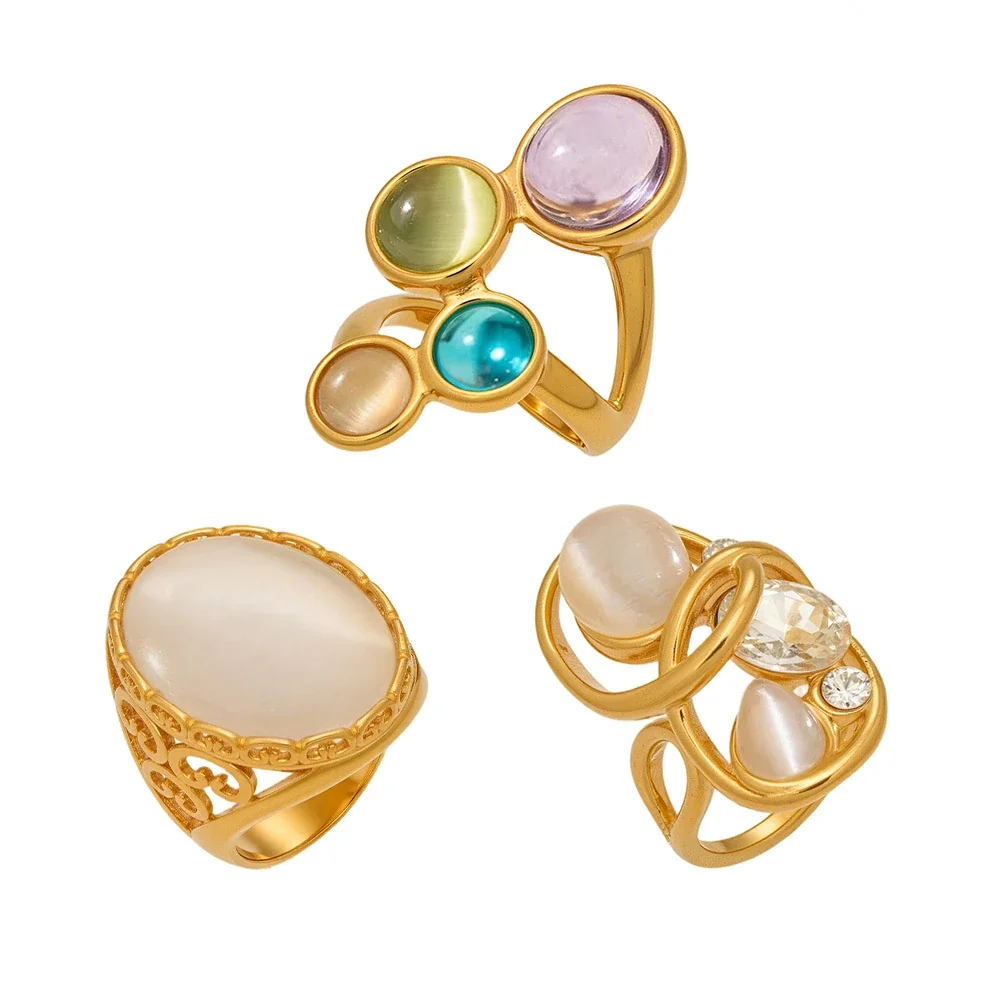 Eclectic Open-Front Cabochon Stainless Steel Ring