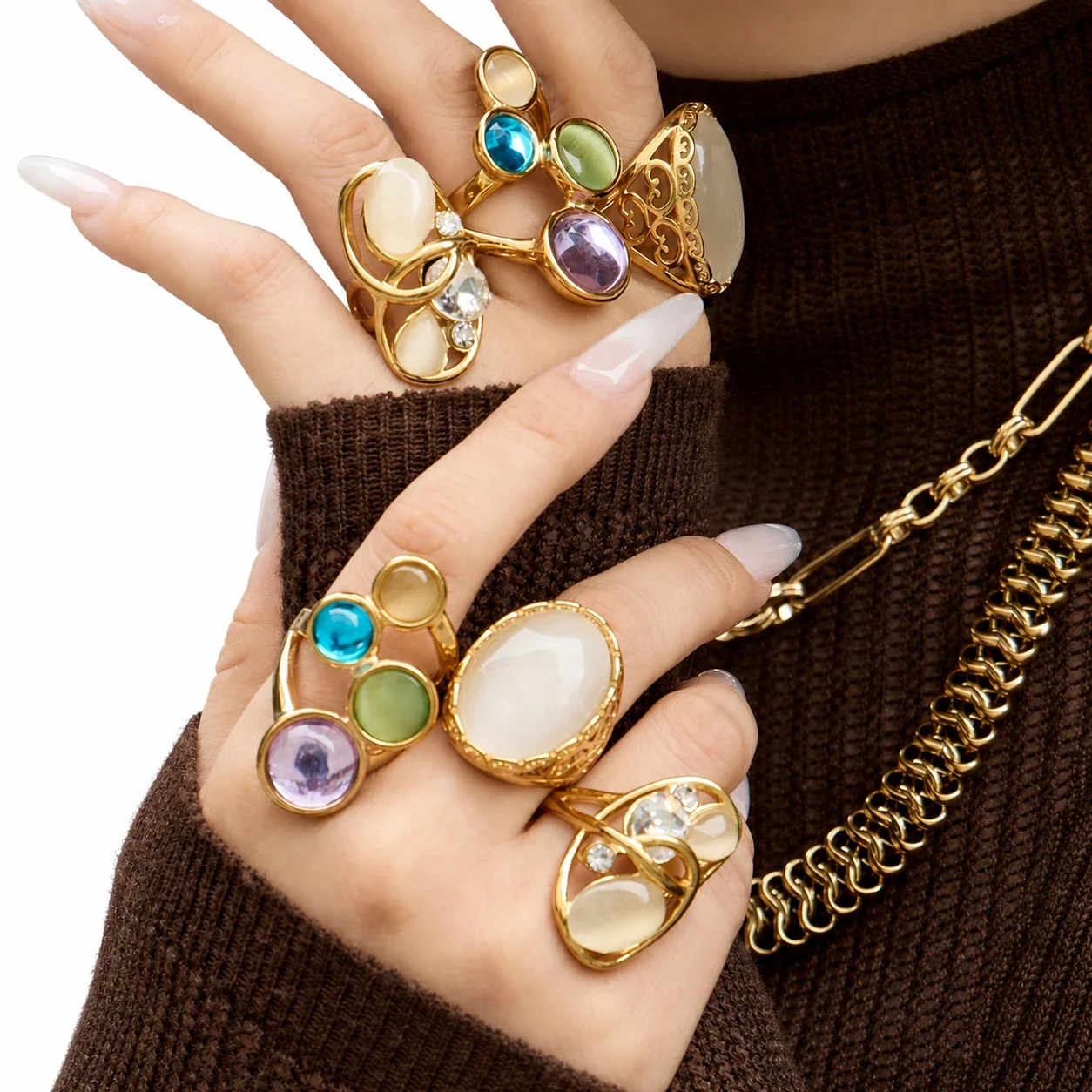 Eclectic Open-Front Cabochon Stainless Steel Ring