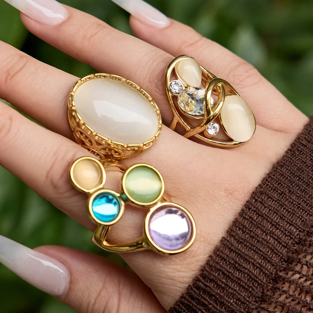 Eclectic Open-Front Cabochon Stainless Steel Ring