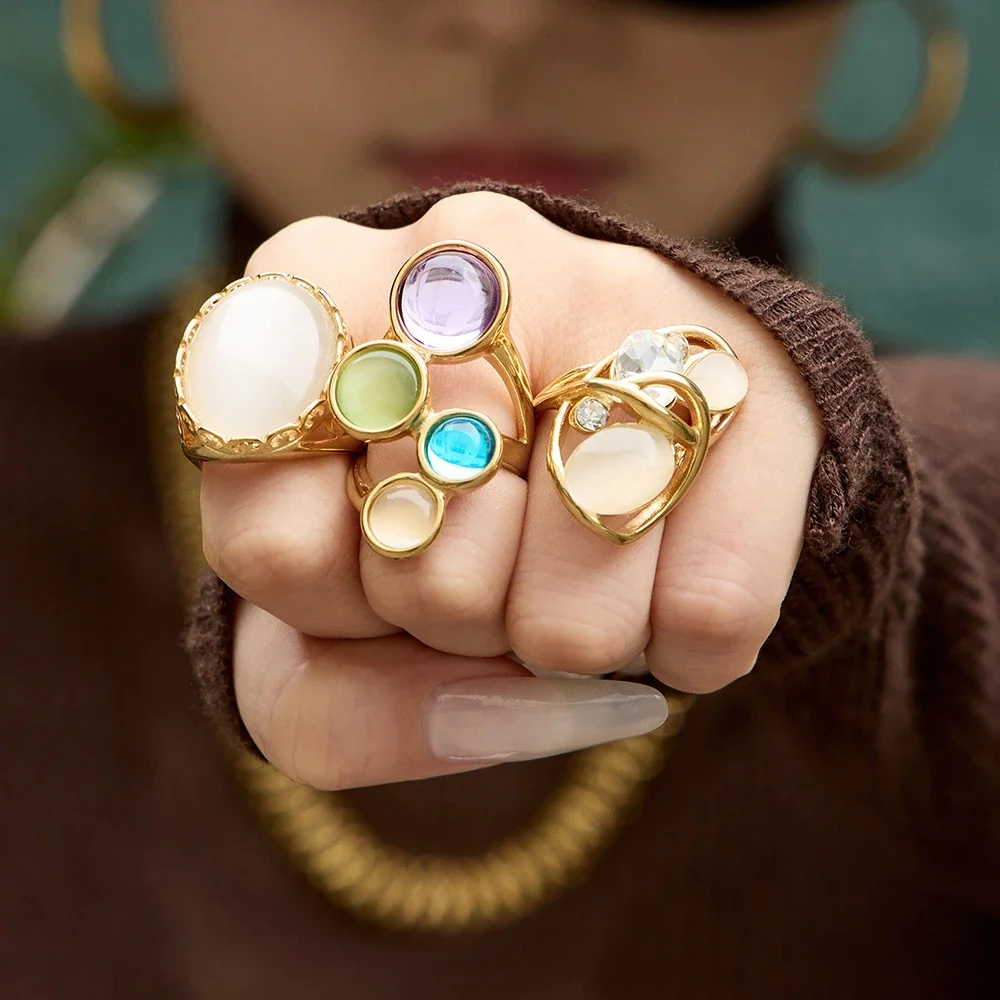 Eclectic Open-Front Cabochon Stainless Steel Ring