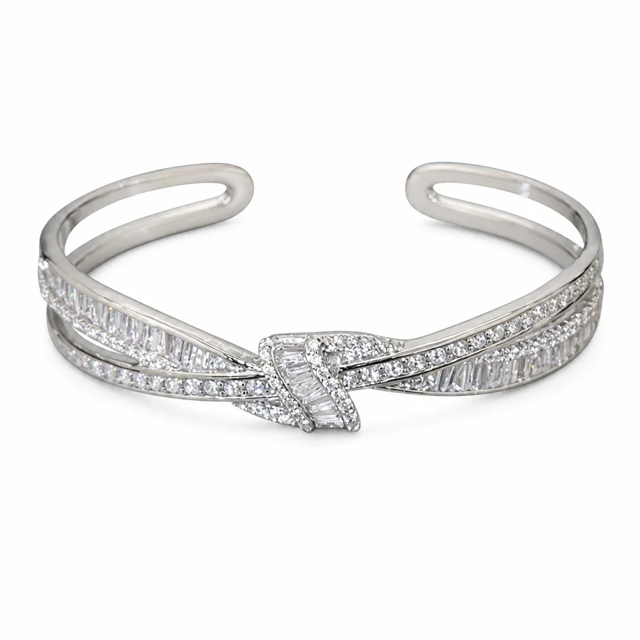 Radiant Silver-Plated Baguette Pavé Crossover Copper Ring