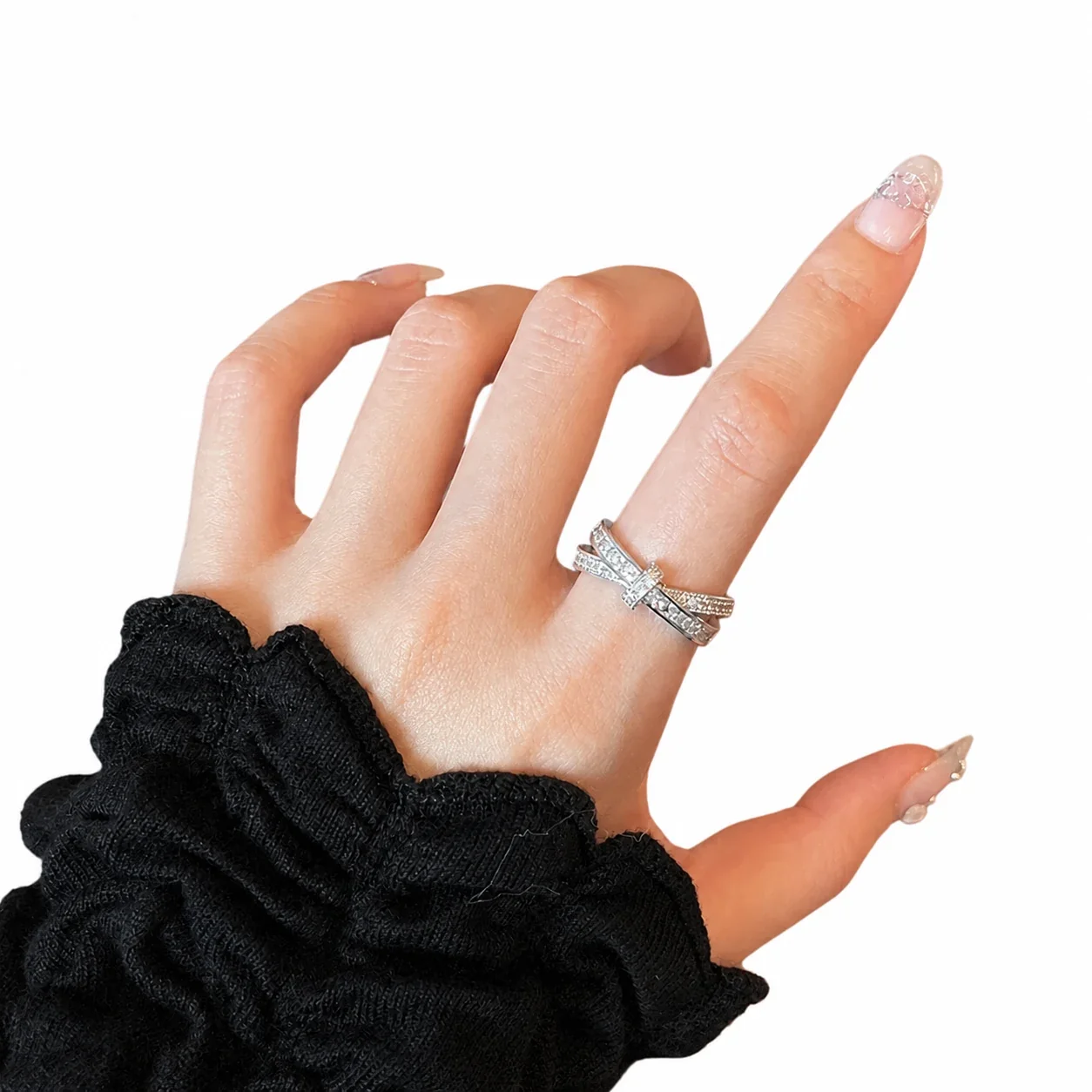 Radiant Silver-Plated Baguette Pavé Crossover Copper Ring