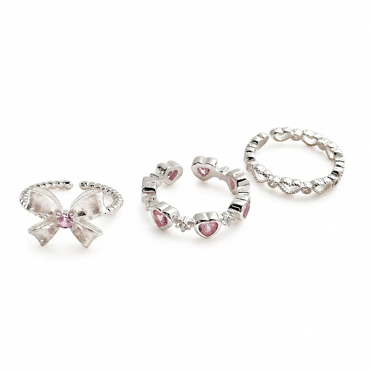 Whimsical 925 sterling silver Bow Pink Crystal Ring