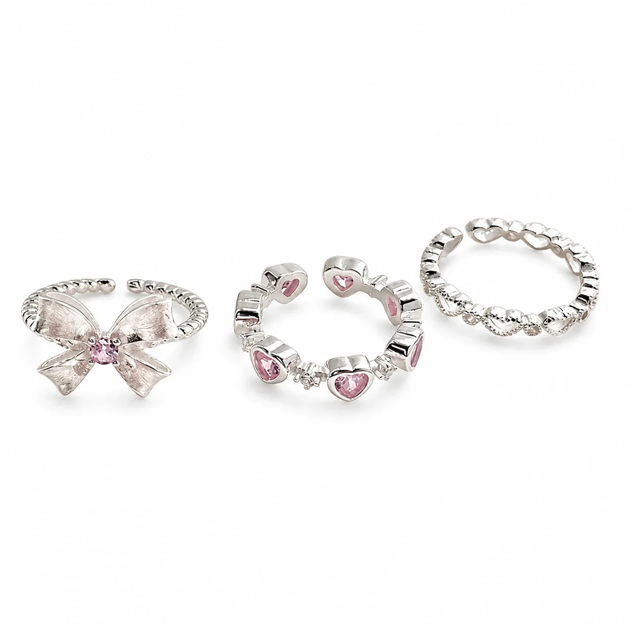 Whimsical 925 sterling silver Bow Pink Crystal Ring - Silver Pink Heart
