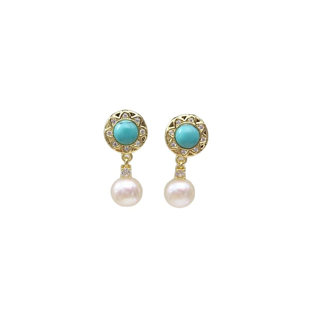 Ornate Gold-Plated Blue Cabochon Halo Freshwater Pearl Earrings