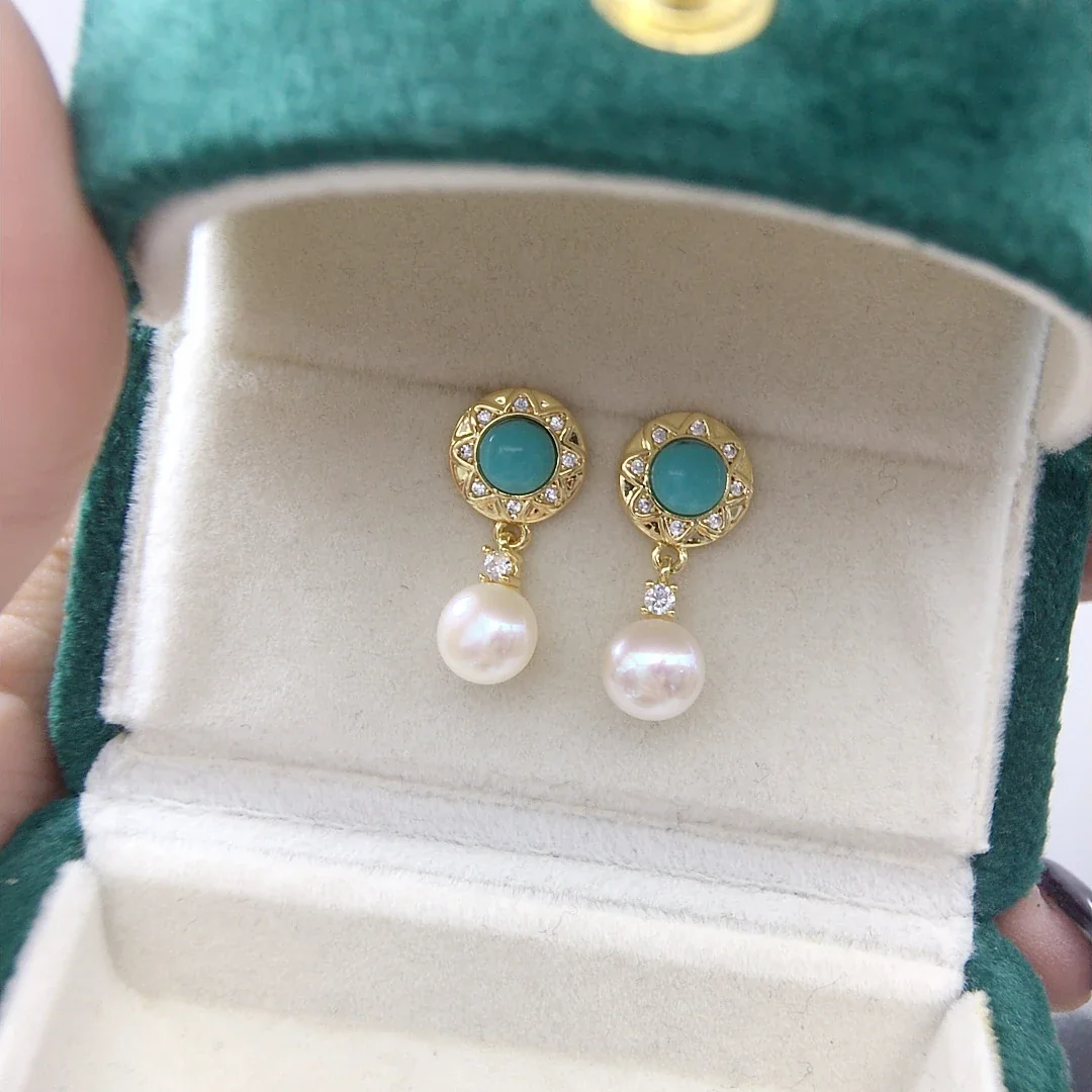 Ornate Gold-Plated Blue Cabochon Halo Freshwater Pearl Earrings