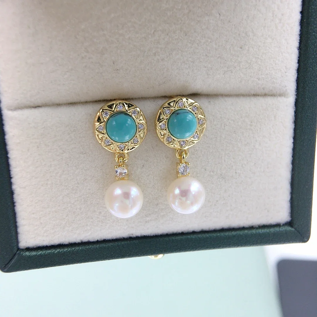 Ornate Gold-Plated Blue Cabochon Halo Freshwater Pearl Earrings