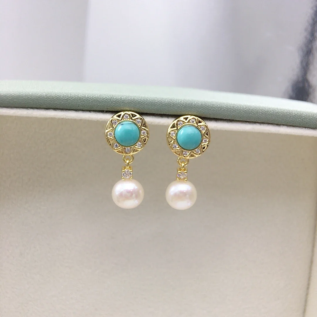 Ornate Gold-Plated Blue Cabochon Halo Freshwater Pearl Earrings