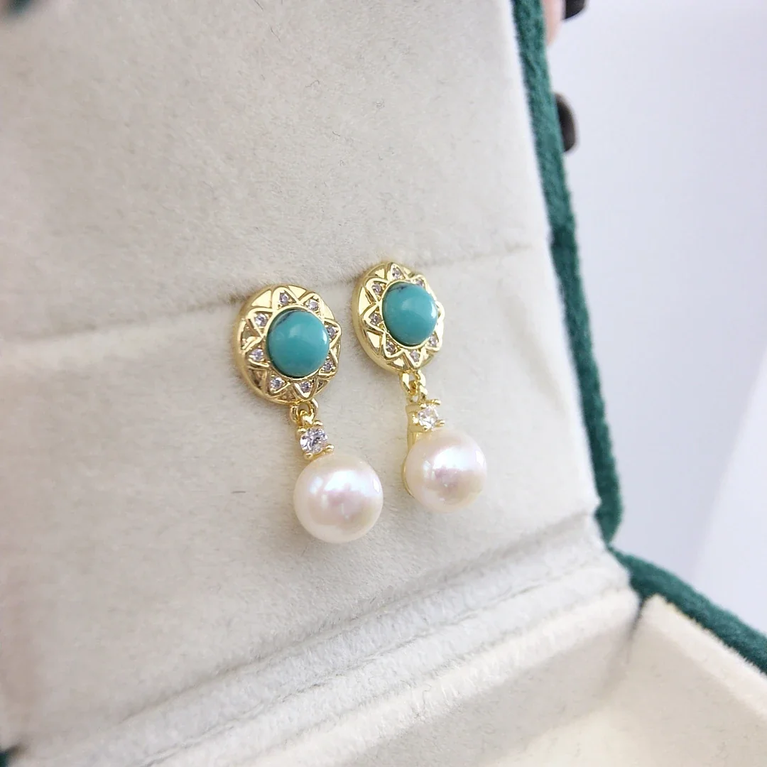 Ornate Gold-Plated Blue Cabochon Halo Freshwater Pearl Earrings
