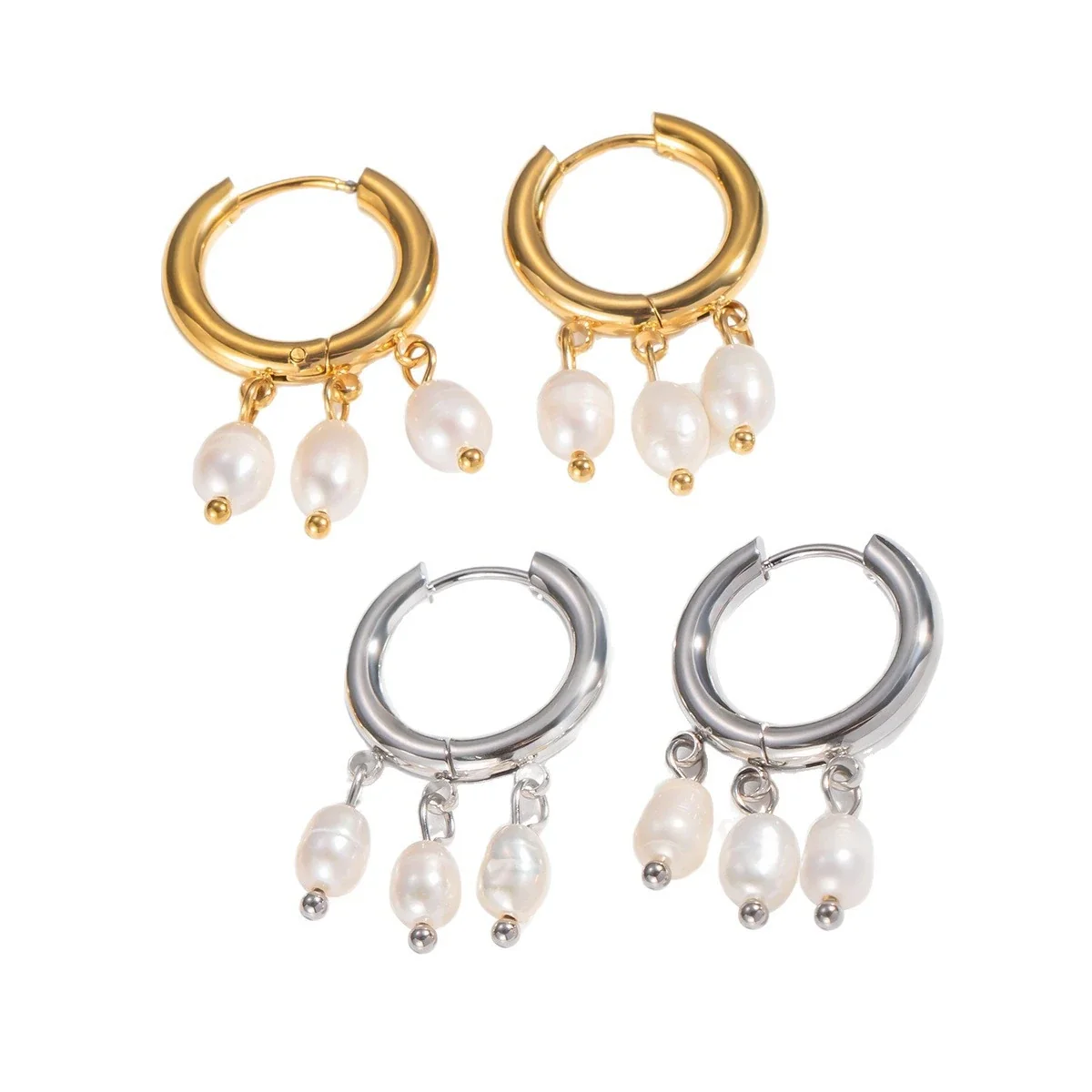 Triple-Pearl Drop Stainless Steel Hoop Earrings