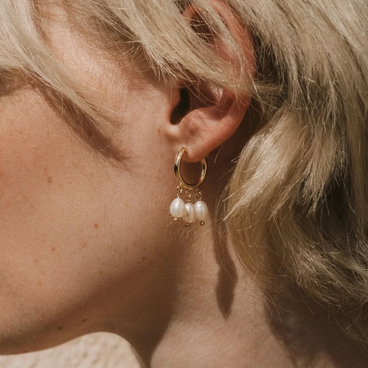 Triple-Pearl Drop Stainless Steel Hoop Earrings
