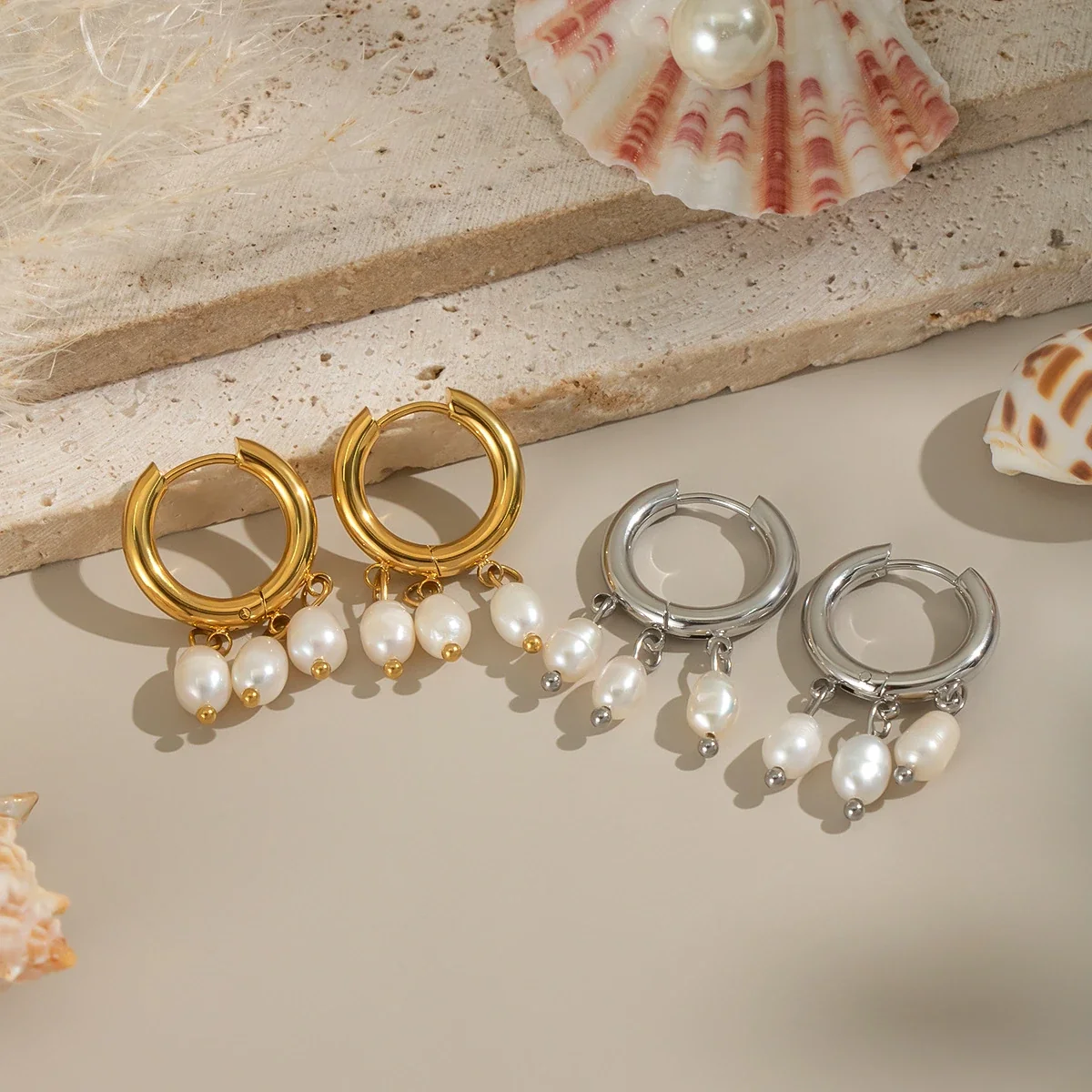 Triple-Pearl Drop Stainless Steel Hoop Earrings