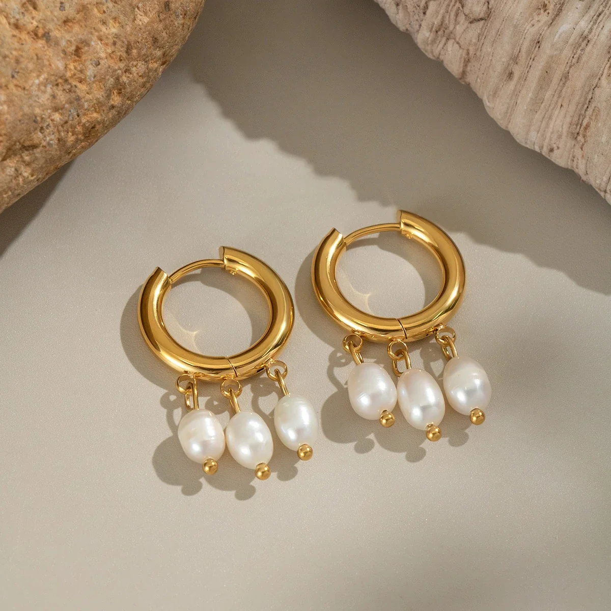 Triple-Pearl Drop Stainless Steel Hoop Earrings