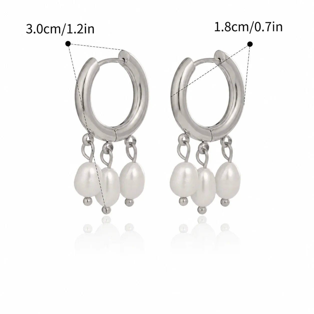 Triple-Pearl Drop Stainless Steel Hoop Earrings - Silver