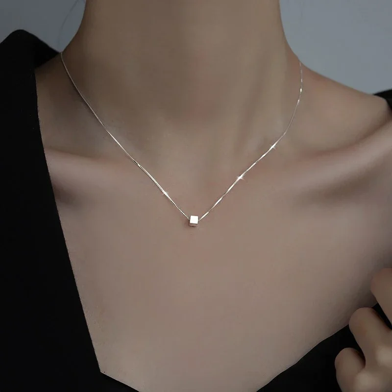 Minimalist 925 Sterling Silver Brushed Square Box Chain Necklace