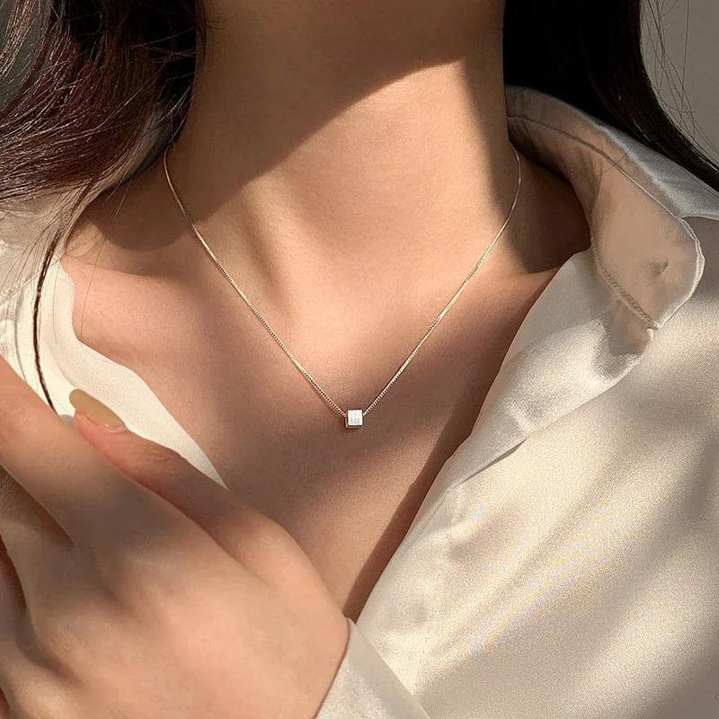 Minimalist 925 Sterling Silver Brushed Square Box Chain Necklace