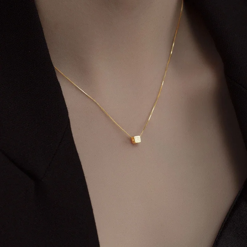 Minimalist 925 Sterling Silver Brushed Square Box Chain Necklace