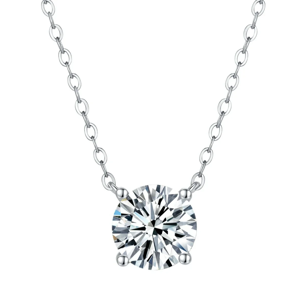 Refined 925 Sterling Silver Four-Prong Round Moissanite Pendant Necklace
